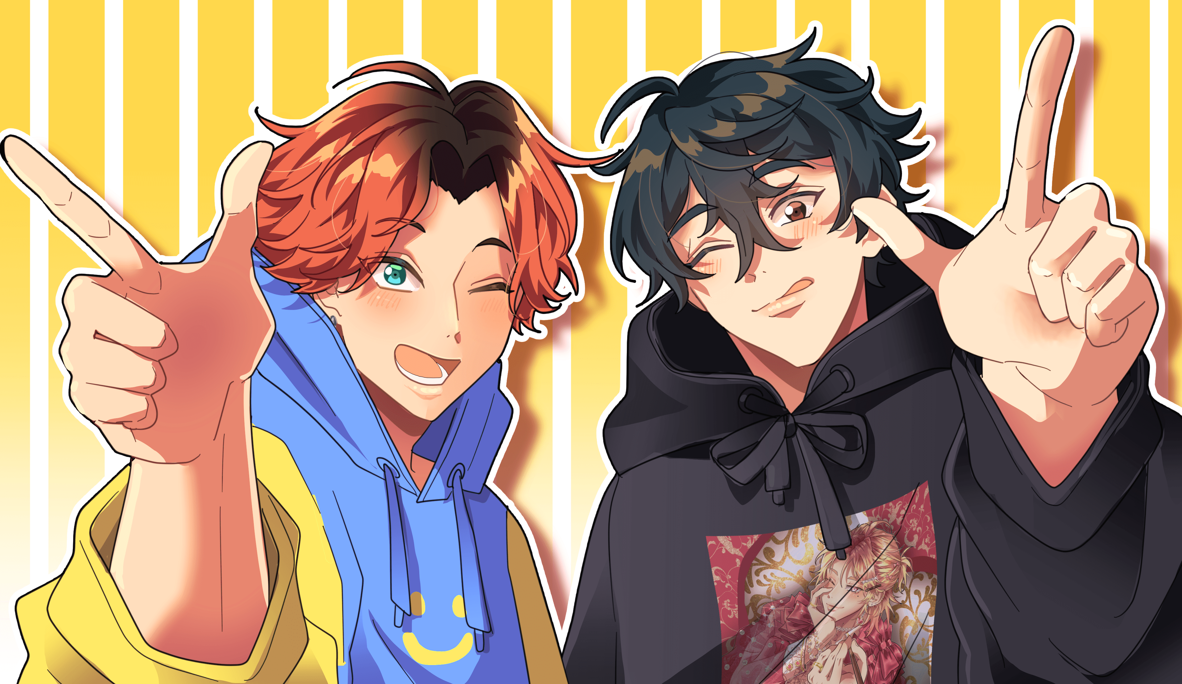 ein buntes gezeichnetes Bild von zwei jungen Männern, die in die Kamera zwinkern